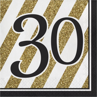 30th Birthday Napkins Black and Gold 16pk