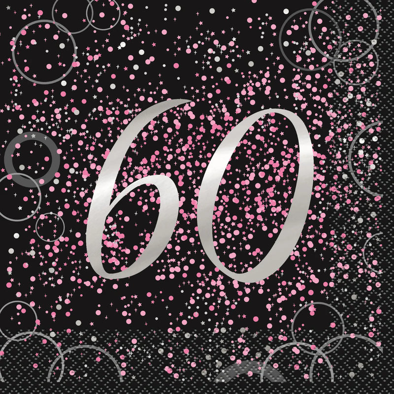 60th Birthday Napkins Pink Glitz 16pk
