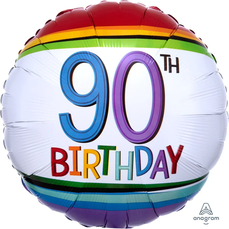 Foil Balloon 90th Birthday - Rainbow Stripe