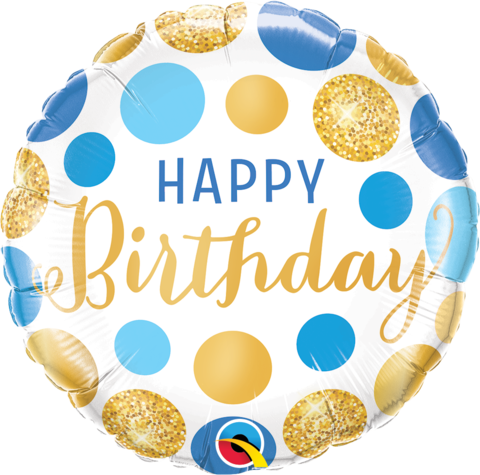 Foil Balloon 18" Happy Birthday - Blue & Gold Dots