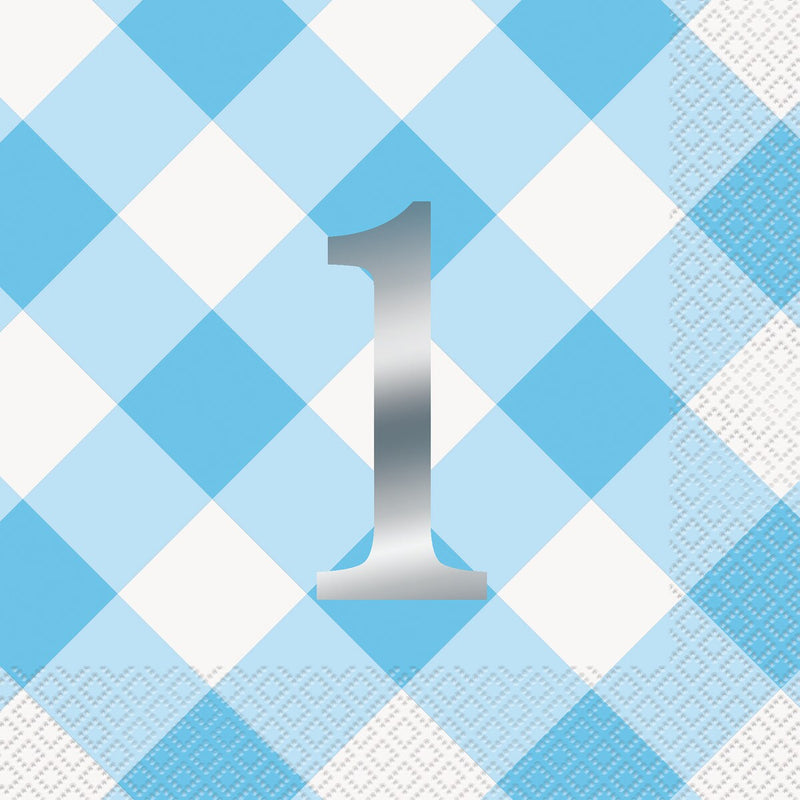 Blue Gingham 1st Birthday Napkins 16pk