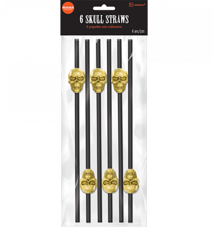 Black Straws with Gold Skulls *REUSABLE* 6pk image 0