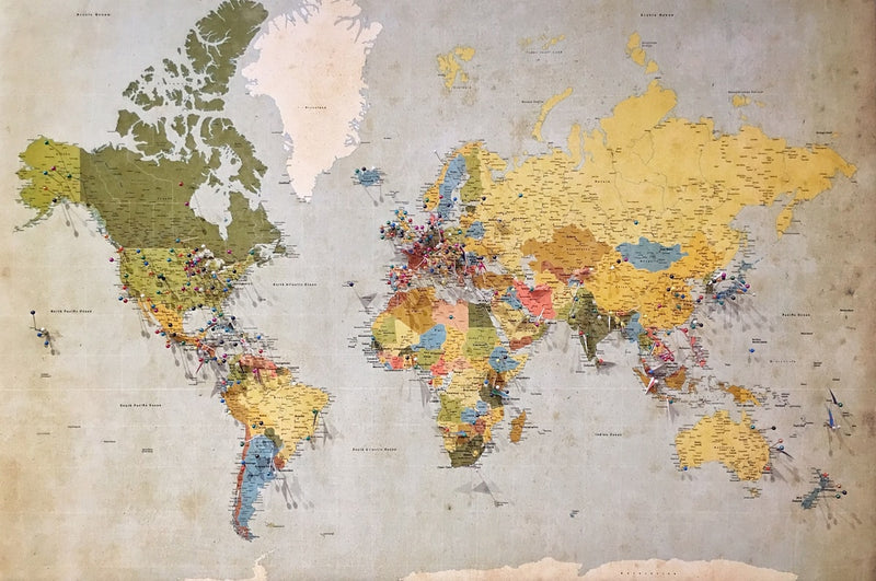 Colourful world map with travel pins