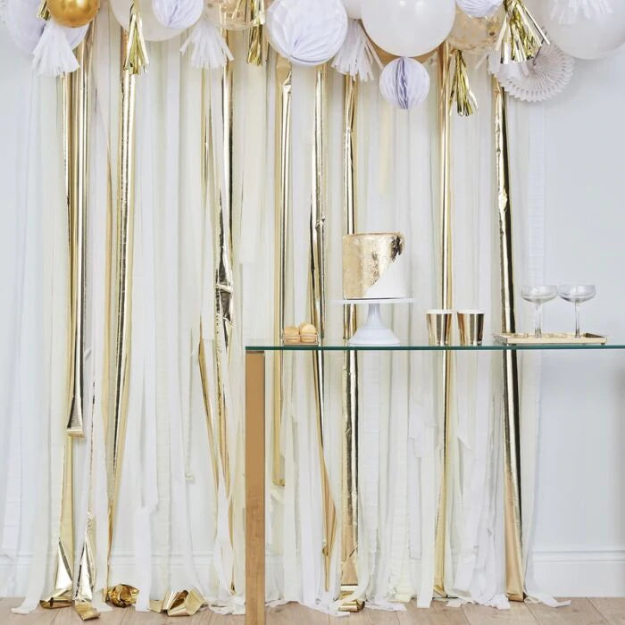 White, Cream and Gold Streamer Backdrop