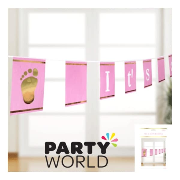 Foiled Pink Its A Girl Baby Shower Paper Bunting