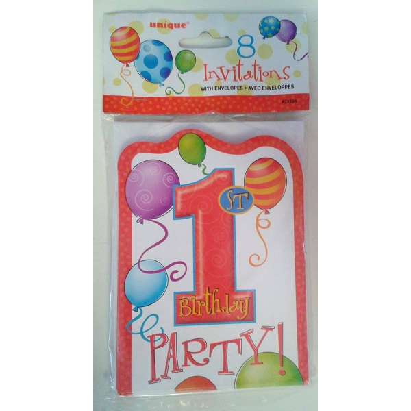 1st Birthday Primary Invitations (8pk)