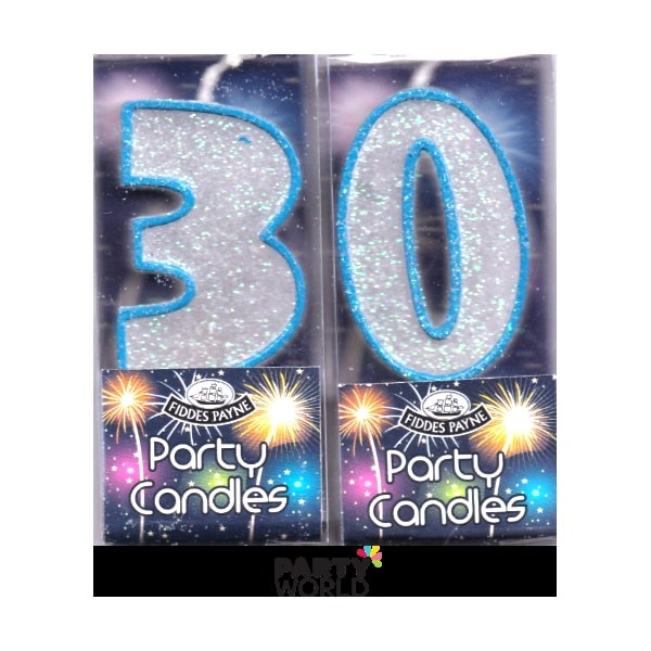 30th Glittering Birthday Candles - Blue