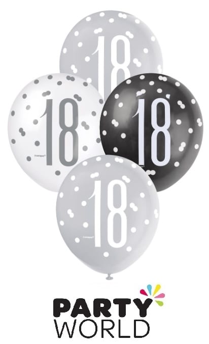 16th Assorted Black Silver & White Latex Balloons (6)