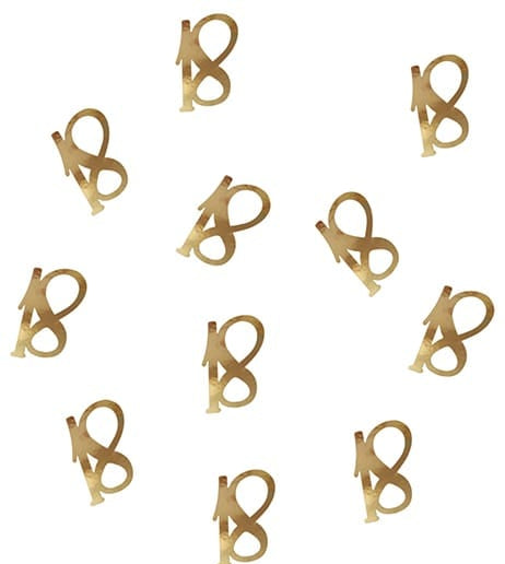 Ten gold metallic ampersand party decorations scattered on a white background, with a small product packaging insert in the top right and a Party World logo in the bottom right corner.