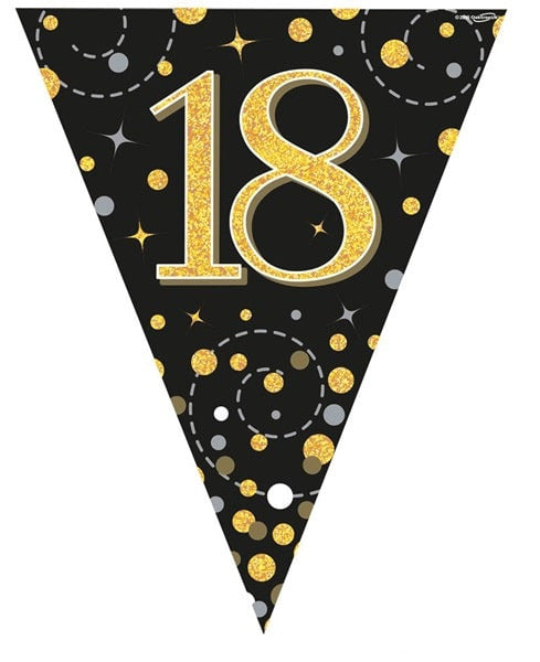 Black and gold birthday banner with number 18, featuring stars and dots, on a white background.