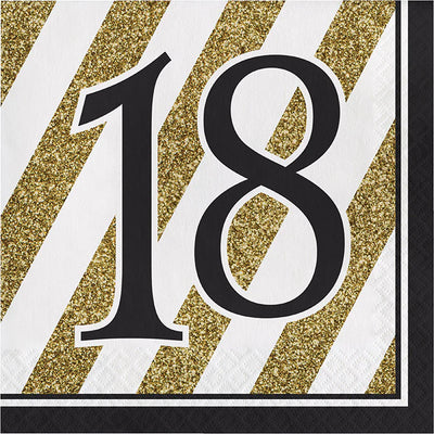 18th Birthday Napkins Black and Gold 16pk