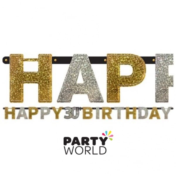 Happy 30th Birthday Black, Gold & Silver Banner