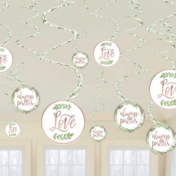 Decorative ceiling hangings with 'Love' and 'Always Forever' text in a room.