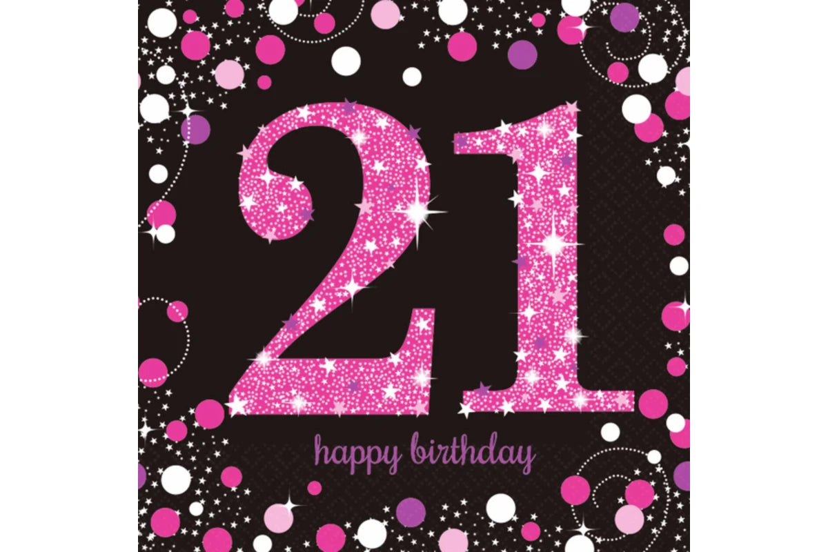 21st Birthday Pink + Black Luncheon Napkins
