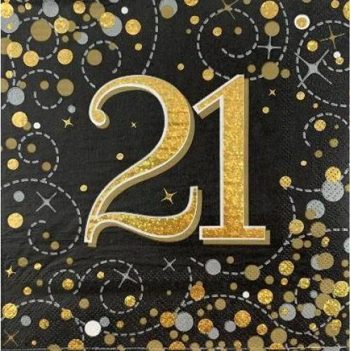 Black & Gold 21st Sparkling Fizz Luncheon Napkins (16)