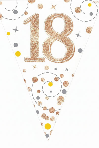 18th Party Bunting Sparkling Fizz White & Rose Gold Holographic 11 flags 3.9m