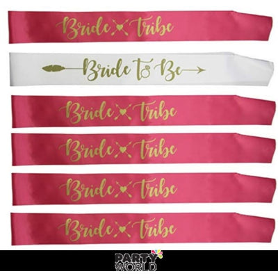 Pink Bride Tribe & White Bride to Be Sashes Set (6)