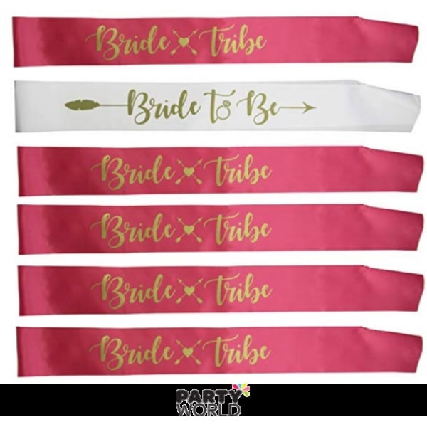 Pink Bride Tribe & White Bride to Be Sashes Set (6)
