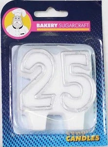 25th Cake Candle- White and Silver