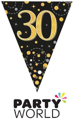 40th Party Bunting Sparkling Fizz Black & Gold Holographic 11 flags 3.9m