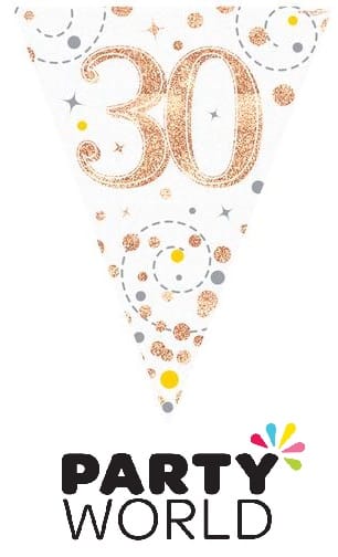 50th Party Bunting Sparkling Fizz White & Rose Gold Holographic 11 flags 3.9m