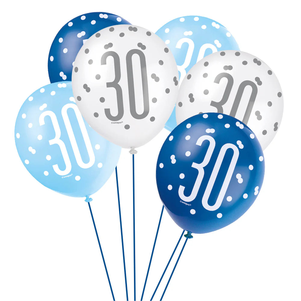 30th Blue & White Latex Balloons (6)