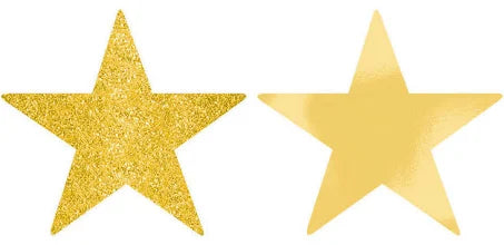 Gold star cut-outs shown hanging as ceiling decoration at an awards night