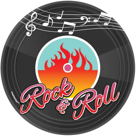 Decorative plate with 'Rock & Roll' design and music notes, featuring Party World branding.