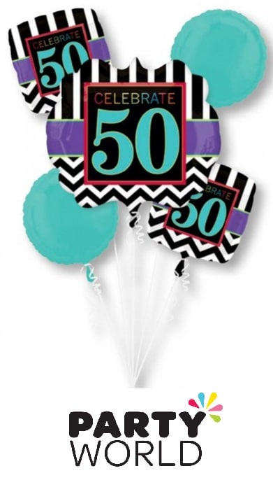 50th birthday assorted foil balloon bouquet, a coordinated set for milestone decorating