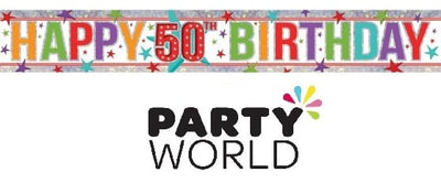 Happy 50th Birthday foil banner in black and gold holographic, 2.7 metres long