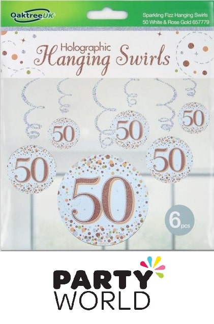 50th Birthday Rose Gold Holographic Swirls Hanging Decorations (6)