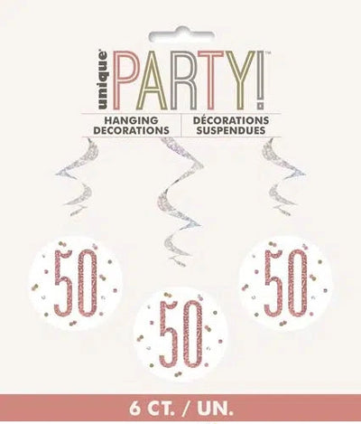 50th birthday hanging decorations in prismatic rose gold foil, pack of six