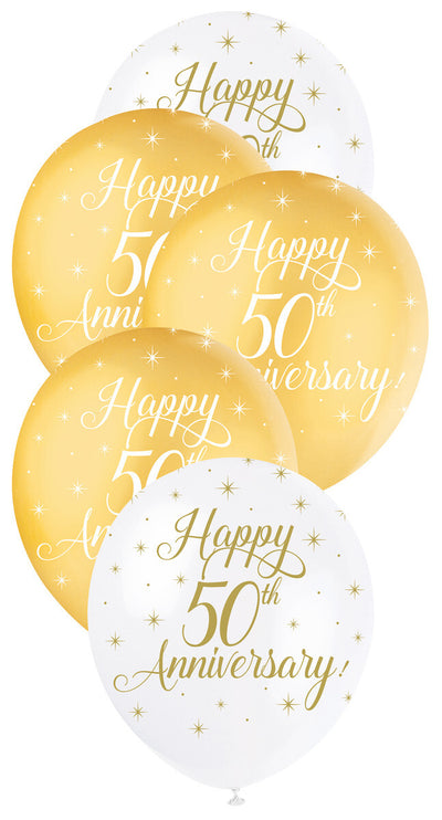 50th Anniversary Gold And White Latex Balloons 30cm