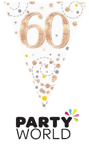 60th Party Bunting Sparkling Fizz White & Rose Gold Holographic 11 flags 3.9m