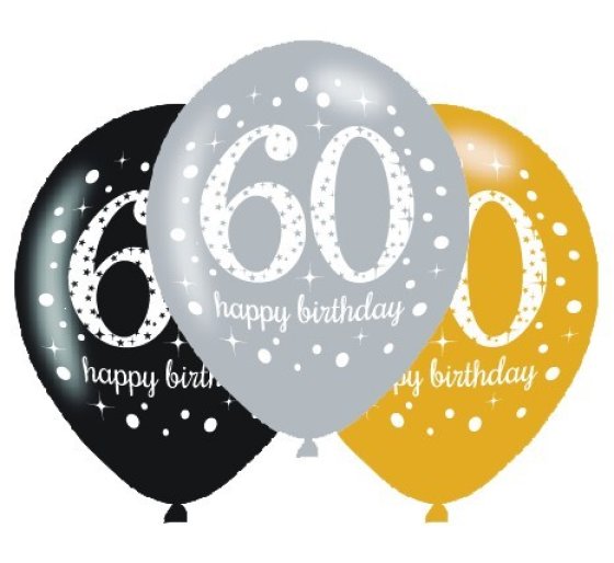 60th Gold, Silver & Black Latex Balloons 6pk