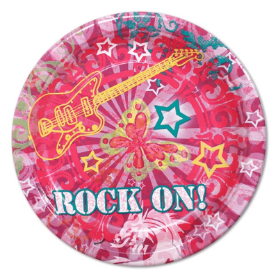 Rock On guitar-print paper plates, eight per pack, on a rock music party table