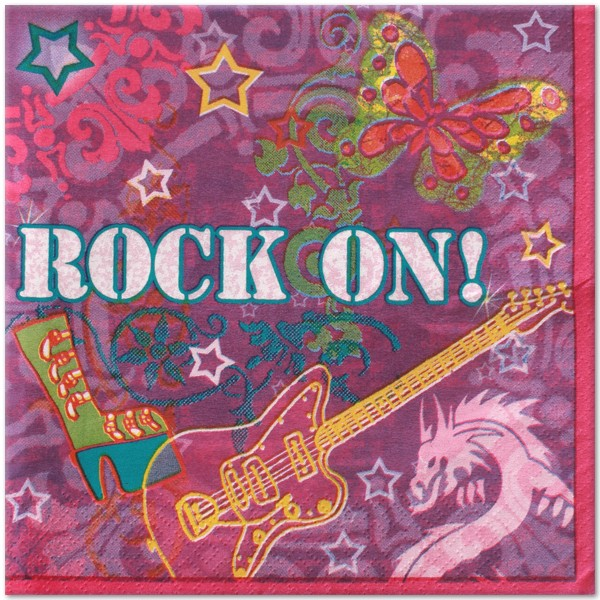 Rock On guitar print luncheon napkins, pack of 16, on a music themed party table