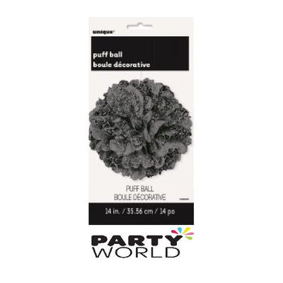 Black 38cm tissue puff ball hanging as a dramatic decoration above a Halloween party