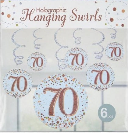 70th Birthday Rose Gold Holographic Swirls Hanging Decorations (6)