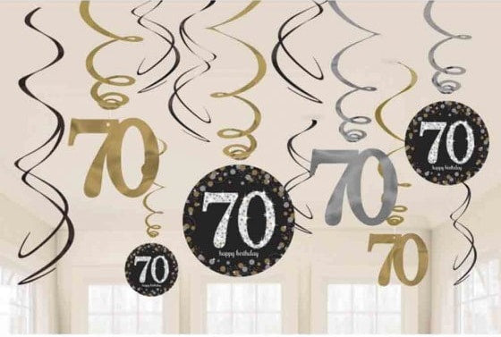 Happy 70th Birthday Holographic Hanging Swirl Decorations (6pcs)
