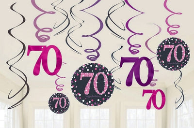 70th Birthday Pink Celebration Swirl Decorations 12pk