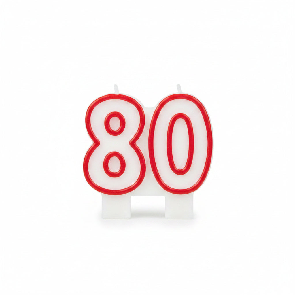 80th Birthday Cake Candle - Red On White