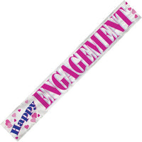 Happy Engagement metallic foil banner, 3.65m long, hung at an engagement party