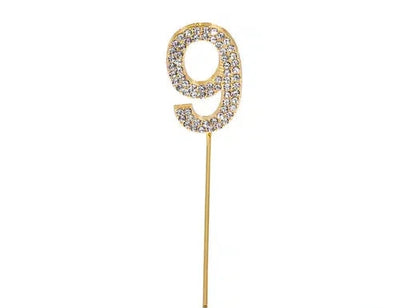 Mini diamante and gold number 9 cake topper, 4cm high, on a 6.5cm spike