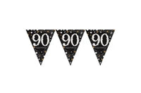 Sparkling Celebration 90th prismatic pennant banner in black, silver and gold plastic