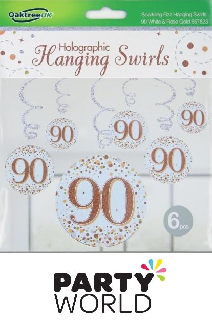 90th Birthday Rose Gold Holographic Swirls Hanging Decorations (6)