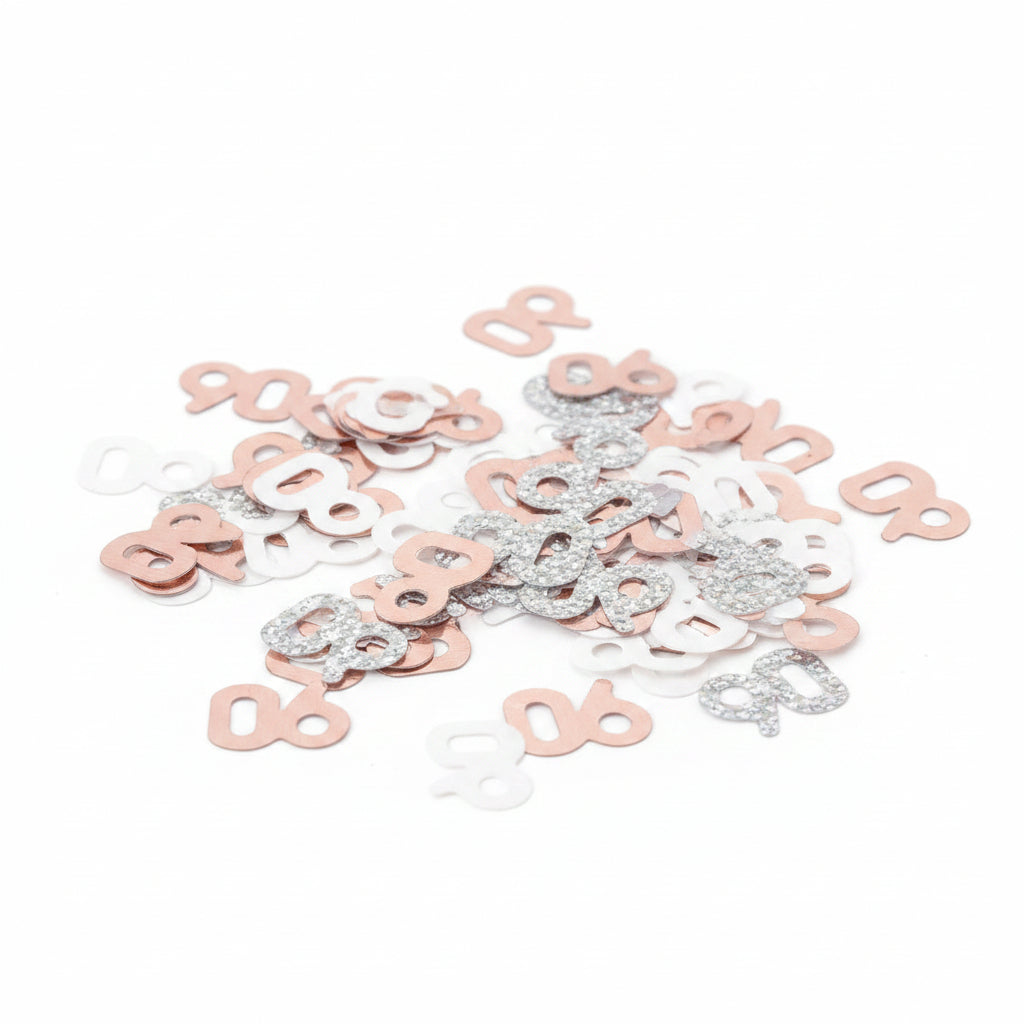 Number 90 scatter confetti in rose gold, gold and silver for a 90th birthday