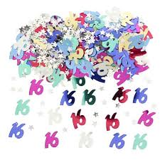 Close-up of mixed colour number 16 birthday confetti pieces for a party table
