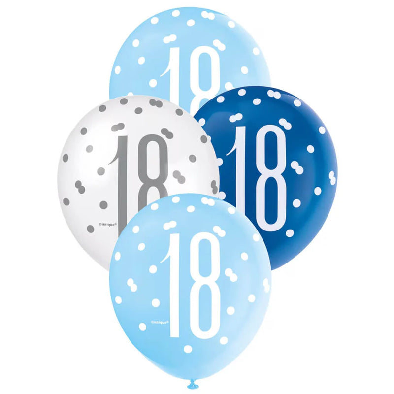 18th Blue &amp; White Latex Balloons (6)
