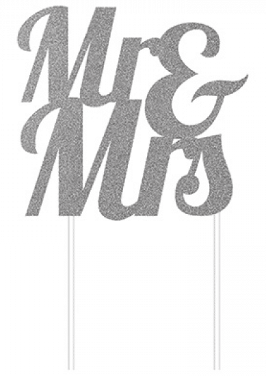 Mr and Mrs Silver Glitter Cake Topper